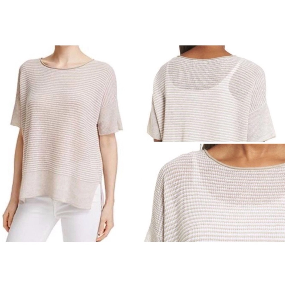 Eileen Fisher organic linen tan and white striped short sleeve scoop neck top